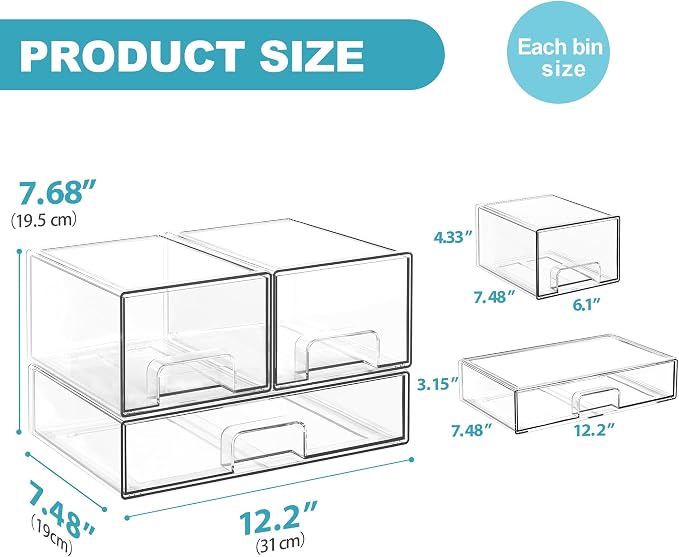 Stackable Storage Drawers, 3 Pack Clear Acrylic Makeup & Baby Bottle Storage Organizer, Versatile Storage Bins for Vanity, Under Sink, Kitchen Cabinets & Pantry (3 Pack)