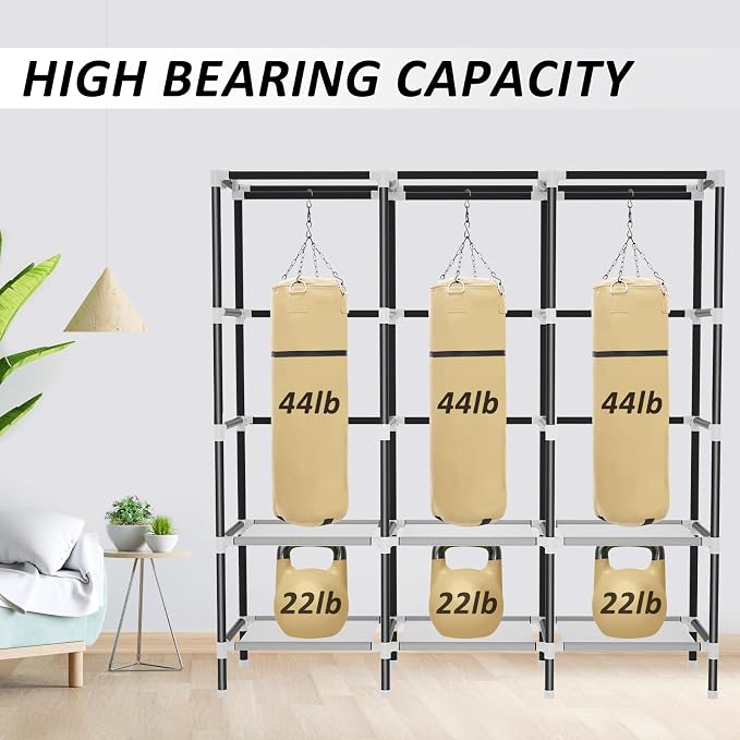 LOKEME Wardrobe Closet,Steel Pipe Diameter 19mm,Portable Closet for Bedroom | Strong and Sturdy Portable Closets for Hanging Clothes with 3 Hanging rods, 6 Storage Shelves and Side Pockets