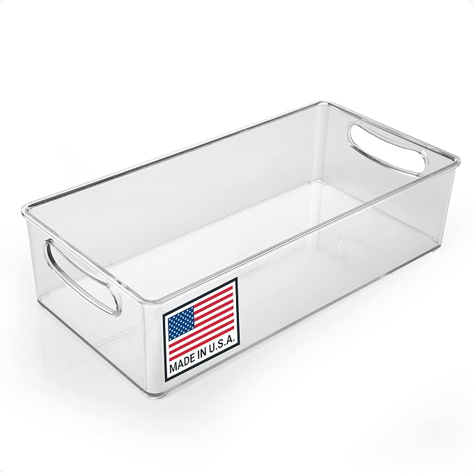 Pikanty Clear Refrigerator Organizer Bin with Handles — 11 Inch Compact Stackable Fridge and Pantry Storage Container for Snacks, Yogurt, Condiments, Dishwasher Safe, Made in USA