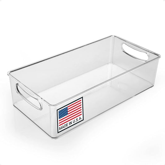 Pikanty Clear Refrigerator Organizer Bin with Handles — 11 Inch Compact Stackable Fridge and Pantry Storage Container for Snacks, Yogurt, Condiments, Dishwasher Safe, Made in USA