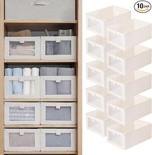 Linen Closet Organizers And Storage, 10 Pack Closet Storage Bins Linen Closet Baskets for Closet Organization Foldable Closet Organizer Bins with Clear Window For Organizing Clothing, Shelves, Jeans