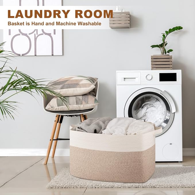 Extra Large Laundry Basket, 95L Blanket Basket for Living Room, Cotton Rope Toy Storage for Kids, Woven Baskets for Clothes, Towels, Pillows, 24" x 17" x 14", Brown and White