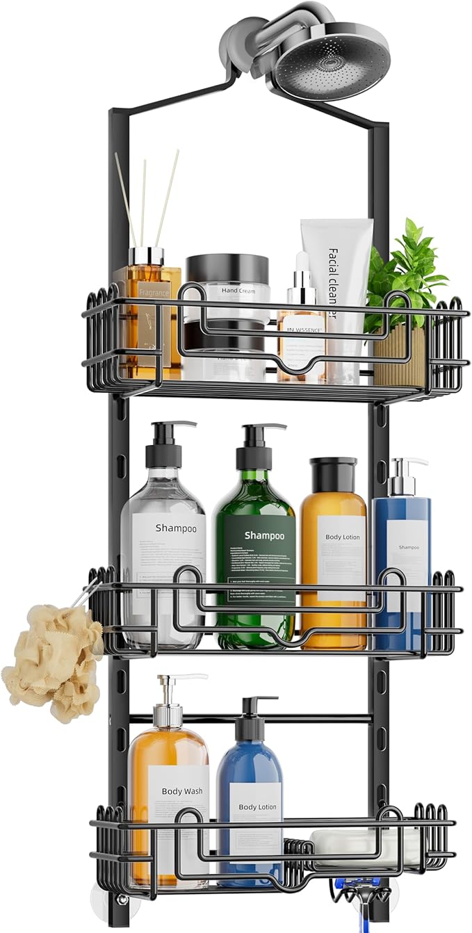 SWTYMIKI Shower Caddy Hanging Organizer - 3-Tier Rustproof Shower Organizer Over Showerhead with Adjustable Baskets, 24 Hooks, Soap & Razor Holder - No Drill Large Bathroom Storage Rack, Black