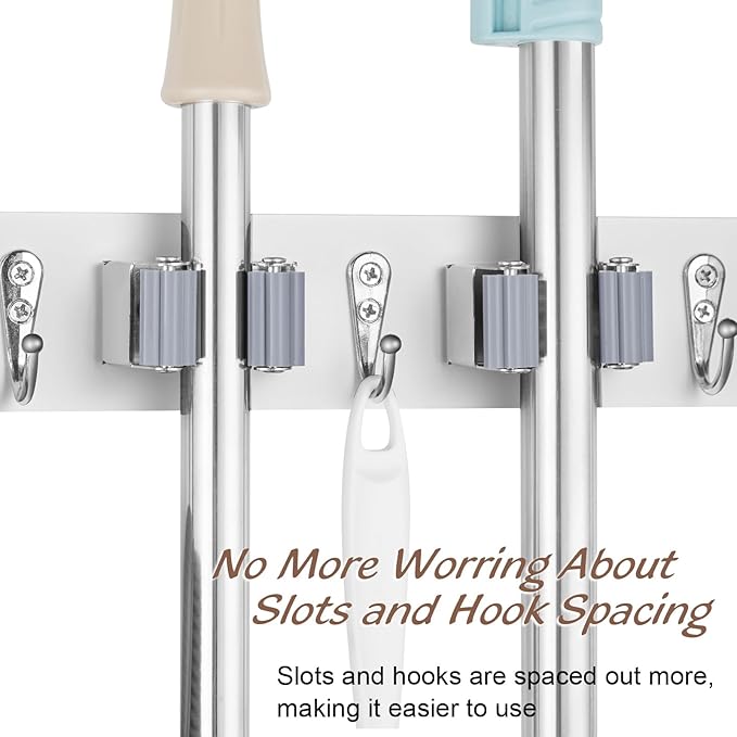 OUTNILI White Mop Broom Holder Wall Mount with 3 Slots & 4 Hooks - Wood Broom Mop Hanger for Pantry Kitchen Organization - Garden Tool Organizer for Closet Laundry Room