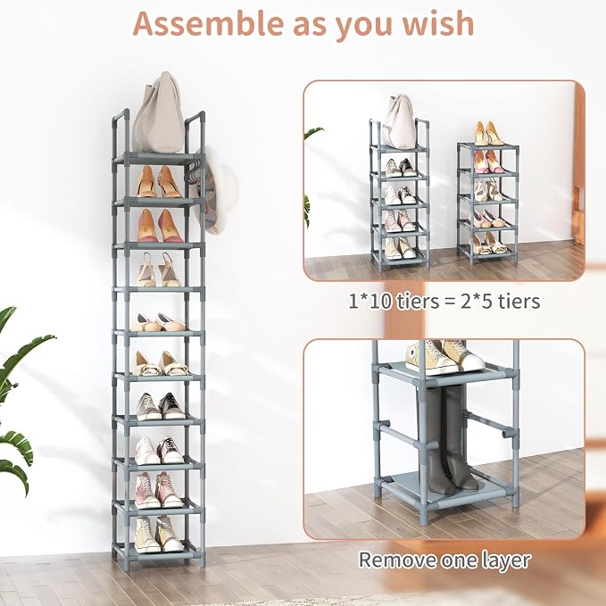 LANTEFUL Narrow Shoe Rack 10-Tier Tall Shoe Organizer Skinny Shoe Shelf Storage for 10-15 Pairs Shoe and Boot, Space Saving Corner Shoe Rack Organizer for Closet, Entryway, Living Room, Grey
