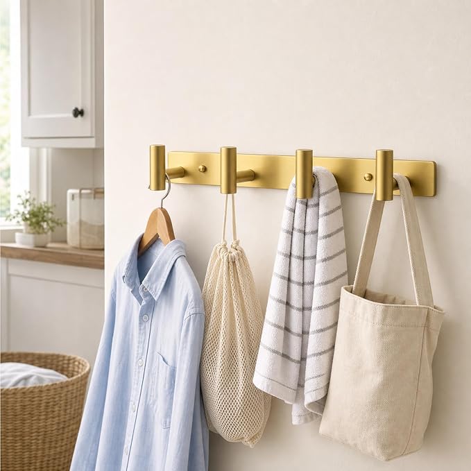 Wall Mounted Coat Rack-4 Hooks, Heavy Duty Stainless Steel Wall Hooks for Towel Coat Bag, Hat Rack Coat Hanger Coat Hooks Towel Racks for Bathroom Entryway Kitchen Hotel Office (Gold, 1 Pack)