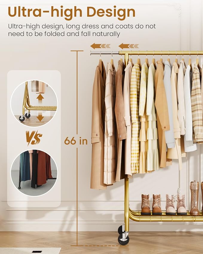 Heavy Duty Clothes Rack, Metal Clothing Rack Load 450 LBS, Rolling Coat Racks for Hanging Clothes with Lockable Wheels, Wardrobe Closet Garment Racks for Bedroom, Gold