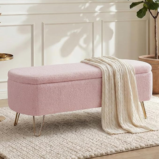 Modern Storage Ottoman Bench, Teddy Upholstered Entryway Bench with Gold Legs, Vintage End of Bed Bench with Safety Hinge, Padded Bench with Storage for Living Room, Bedroom, Entryway (Pink)