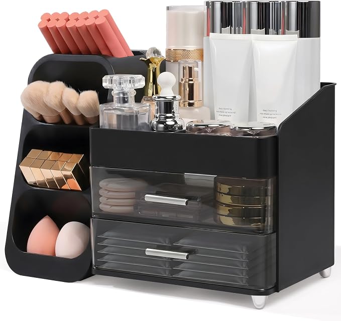 Makeup Organizer for Vanity with Brush Holder and 2 Drawers, Black | Large-Capacity Makeup Holder Organizes Skincare, Cosmetics and Daily Beauty Products for Tidy Vanity and Bathroom Counters