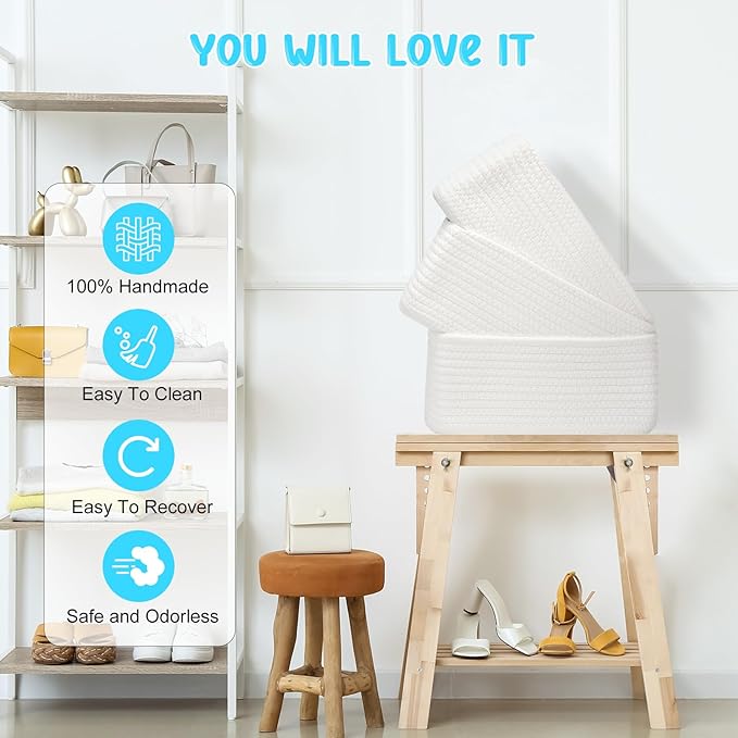 3-Pcs Shelf Baskets for Organizing, Closet Organizer Bins, Small Woven Baskets, Rope Toy Basket, Storage Basket for Shelves, Cube Decorative Box, 11.8×7.8×5.1”, White