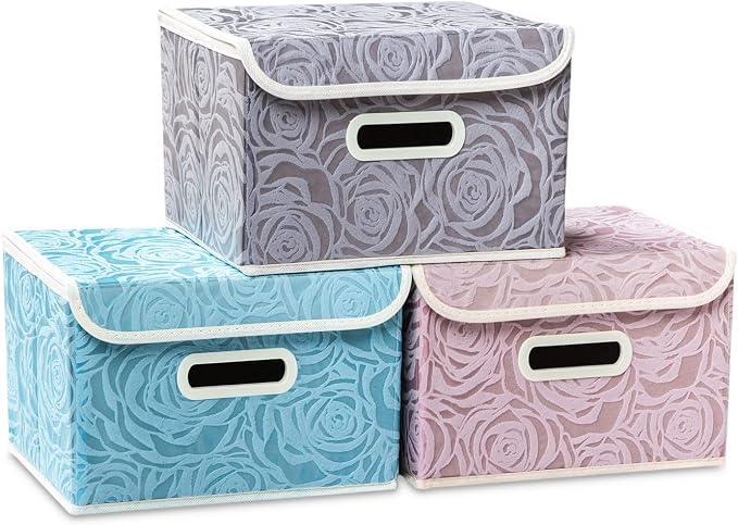 PRANDOM Collapsible Storage Boxes with Lids Fabric Decorative Storage Bins Cubes Organizer Containers Baskets with Cover Handles Divider for Bedroom Closet Living Room 9.8x7.9x6.7 Inch 3 Pack