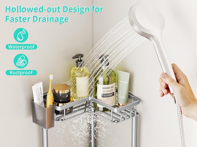 HapiRm Standing Shower Caddy Corner - 4 Tier Corner Shower Organizer with Toothbrush Holder and 16 Hooks, Large Capacity Rustproof Bathroom Shelves for Tall Bottles, Silver