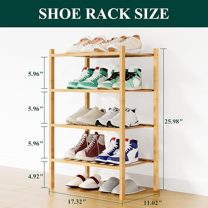 Smiry Bamboo Shoe Rack, 12 Vertical Slats, 4 Tier - 17.3" Wide, Natural | Stackable Free Standing Wooden Shoe Organizer, Wood Shoe Storage Shelf for Closet, Entryway