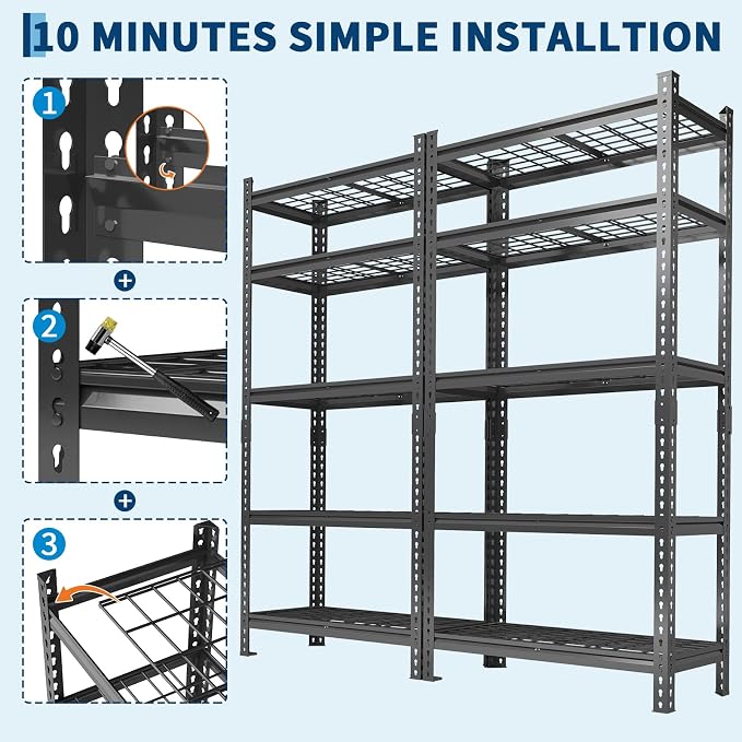 Garvee 5 Tier Metal Storage Shelving Unit 36" W Adjustable Garage Shelving | 2 Pack Heavy Duty Garage Shelving 2200 LBS Storage Shelves for Garage Kitchen Pantry Warehouse Basement 36" W × 16" D × 72" H