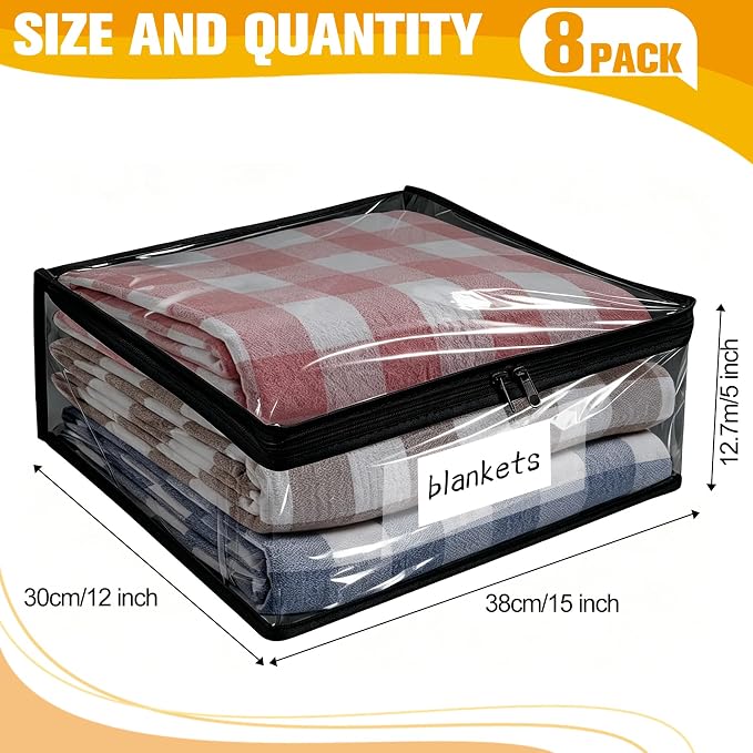 Kikerike Plastic Storage Bags with Easy-Glide Zipper, Pack of 8, Durable Clear Vinyl Zippered Storage Bags for Clothes Sweaters Comforters Blankets Sheets Bedding (15 x 12 x 5 Inch, Black)