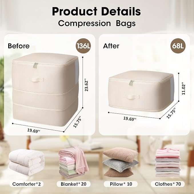 1 Pack Comforter Storage Bag, 136L Blanket Storage Bags Self Compression Comforter Organizer and torages, Space Saving Washable Compression Bags for Blanket Bedding Pillow Duvet Quilt, Beige