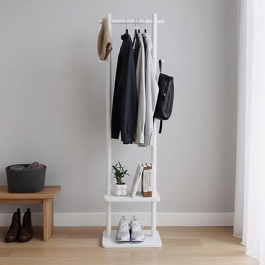 Wooden Coat Rack Stand,Heavy Duty Garment Rack with Shelves,Freestanding Clothes Rack Organizer for Entryway Bedroom Living Room(White)