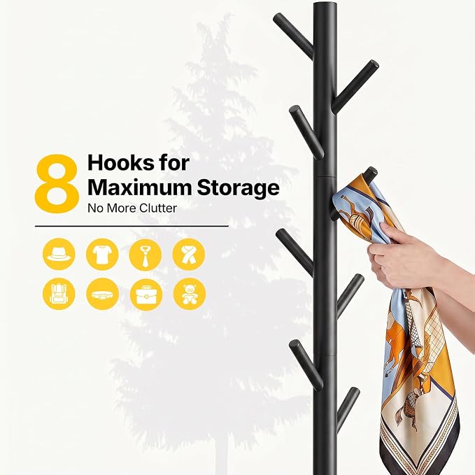 AMADA Solid Wooden Coat Rack Freestanding with 8 Hooks, Black | 100% solid wood, 3 height options, widened base for stability, tool-free assembly, smooth rods & hooks prevent clothing snags