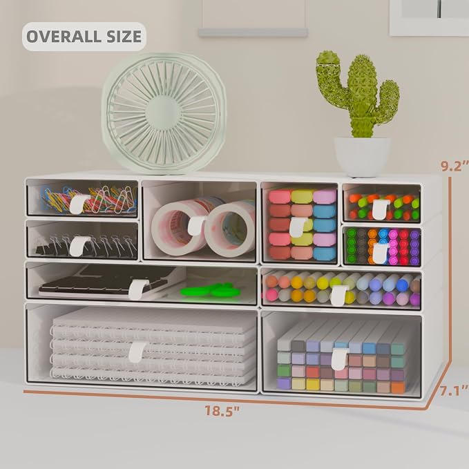 White & Clear 10-Drawer Stackable Desk Organizer Storage Set | Separate drawers, Dustproof, Easy to clean, for Office supplies, Pens, Markers, Stationery, Jewelry, Makeup, DIY Craft