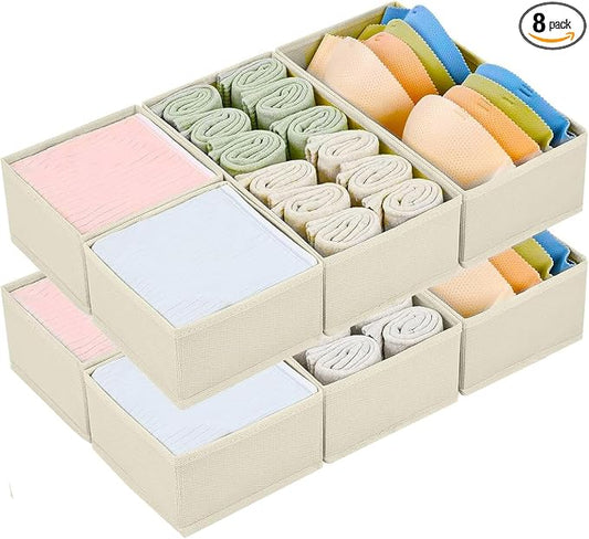 DIMJ Drawer Organiser System Drawer Organiser - Fabric Storage Box, Drawer Inserts for Wardrobes, Wardrobe Organiser for Clothes, Pack of 8, Beige Classic
