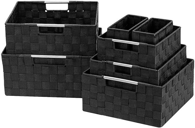Sorbus Storage Baskets for Organizing (Set of 7), Mesh Hand-Woven Design, Linen Closet Organizers and Storage, Organizer Storage Baskets for Shelves, Variety Pack Organizers and Storage (Black)