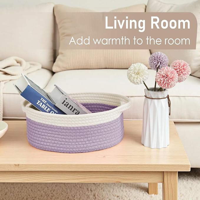 JMvicyroam Small Woven Basket, Empty Gift Basket, White&Purple/2 Pack | Small Gift Basket, Cotton Rope, 12 x 8 x 55 in, Handles, Includes Ribbon and Bag, Birthday Gift Basket