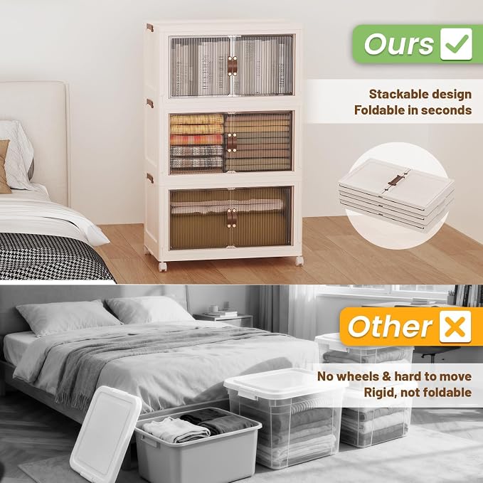 SAILUN 381Qt Extra Large Stackable Storage Bins Folding Collapsible Storage Bins with a Lid, Closet Organizers and Storage Blush White 28" W x 17" D x 46" H