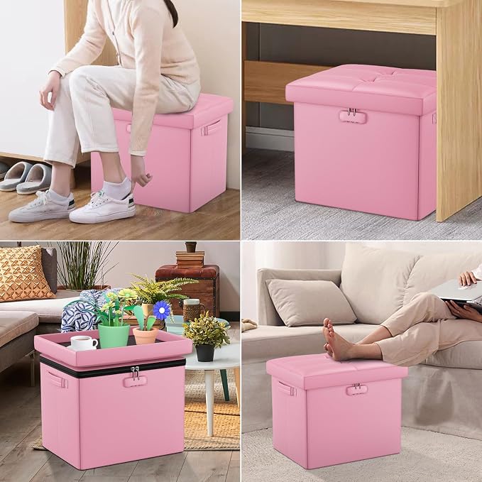 DocSafe Storage Ottoman Foot Rest Stool with Lock ＆ Handles, Fireproof Folding Leather Footstool Bench with Storage Safe for Living Room Bedroom, Home Office, Dorm, 17x13x13in, Pink