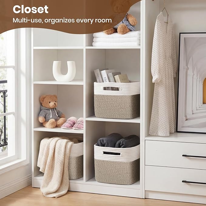 Storage Baskets for Organizing, 14 x 10 x 9” Closet Shelf Woven Baskets, Square Bins with Handles, Cotton Rope Basket for Clothes, Office, Room, White+Rice Brown 3 Pack