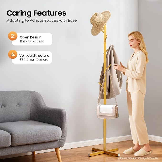 Metal Coat Rack Stand, Modern Coat Rack Freestanding with 7 Hooks, Coat Racks Easy to Assemble, Coat Tree Stand for Bags, Hats, Entryway, Office (Golden)