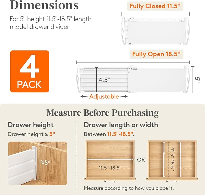 Lifewit 4 Pack 5" High Drawer Dividers for Clothes, 11.5"-18.5" Expandable Dresser Drawer Organizers, Adjustable White Plastic Separators for Kitchen, Cabinet, Nursery, Socks & Underwear Storage