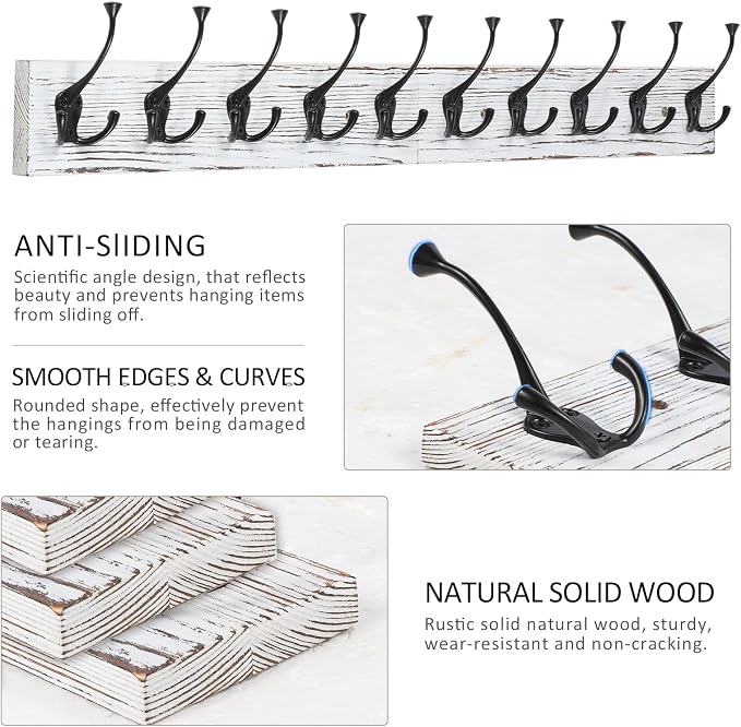 IBosins Vintage White Wall Mounted Coat Rack, 34" Long with 10 Tri-Hooks | Heavy Duty, Wooden Coat Hanger Wall Mount, Rustic Coat Hooks Rail for Entryway, Living Room, Coat, Scarf, Bag, Towel, Hat