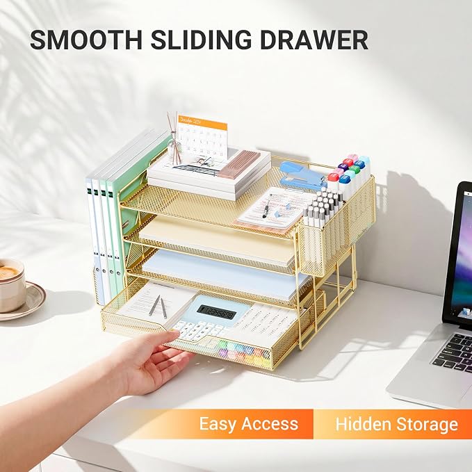 OPNICE Desk Organizer, 4-Tier Desktop File Organizer with Drawer and Pen Holders, Office Desk Accessories, File Sorters, Workspace Organizers for Office Supplies(Gold - Metal Pen Holder)
