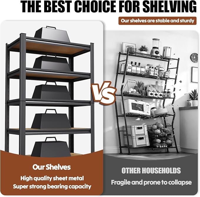 78''H Storage Shelves, Wood Garage Shelving,Adjustable Heavy Duty Shelving Unit,5T Tall Garage Shelves，Wood Metal Standing Shelf Units,Utility Rack for Kitchen 78''H*45.6''W*19.7''D