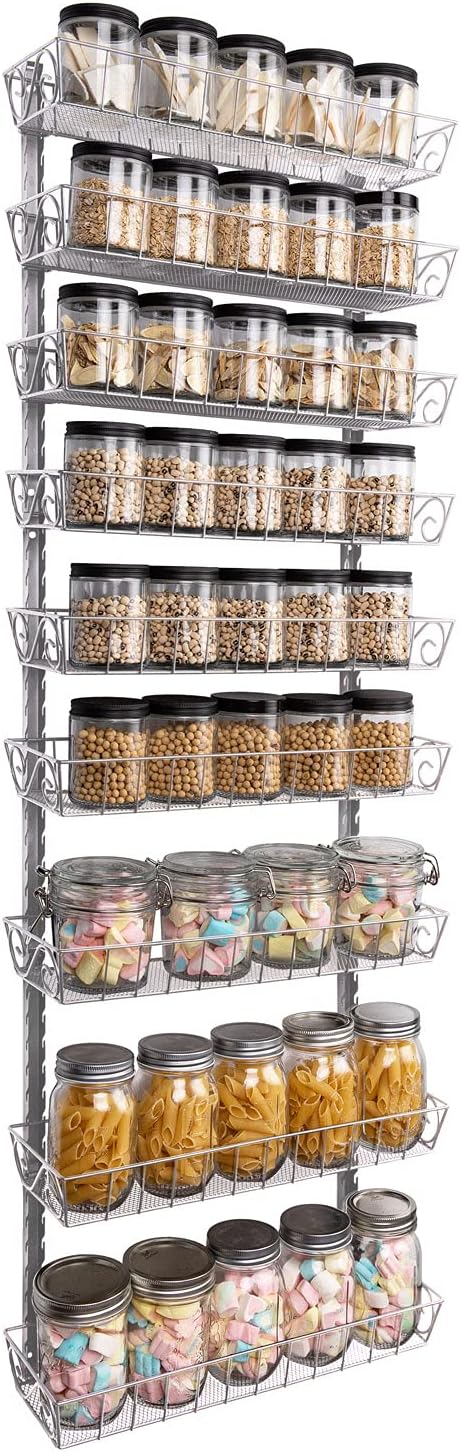 SWOMMOLY Wall Mount Spice Rack Organizer, 9-Tier Adjustable Dual-Use Shelf | Hanging Spice Rack Organizer, Kitchen Pantry Cabinet Storage Holder for Spices, Mason Jars, Bottles & Cans, Silver