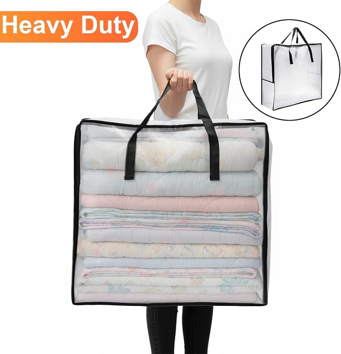 Fasmov 4 Pack Oversized Clear Storage Bag with Handles and Zippers, Vinyl Storage Bag for Comforter, Blanket, Bedding, Duvet, Transparent Moving Tote, Under the Bed Storage, Garage Organizer