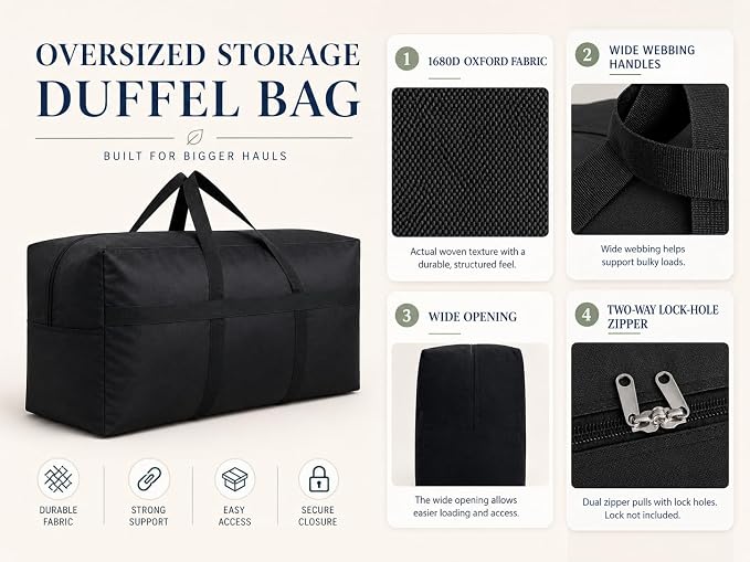 YiKitHom Extra Large Storage Duffle Bag with Zippers and Handles, Big Foldable Duffle Bag for Travel Black