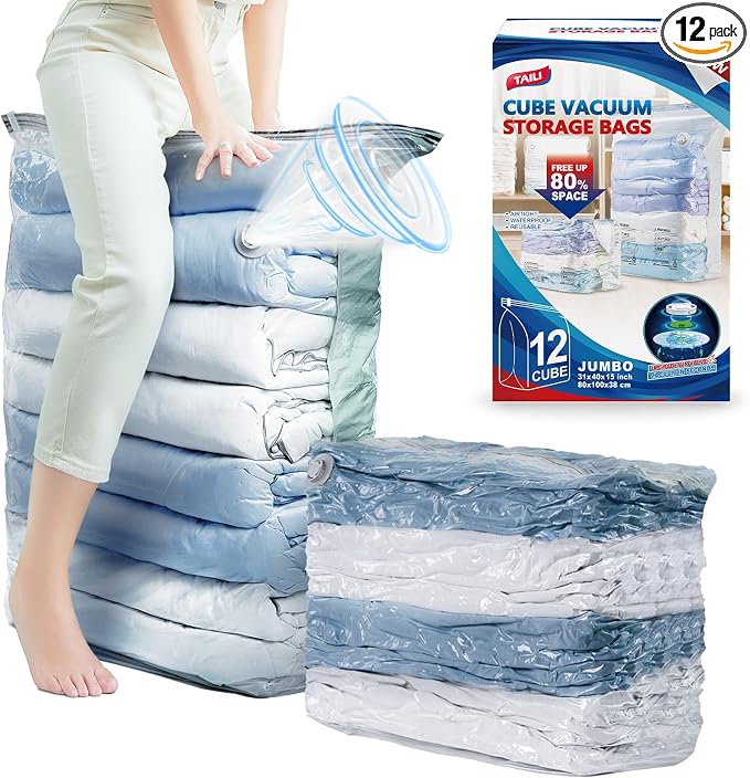 TAILI 12 Pack Cube Vacuum Storage Bags, Jumbo Size(31x40x15 inch), Cream | Extra Large Vacuum Seal Bags for Clothing, Comforters, Blankets, Bedding, Space Saver No Pump Compression Cube