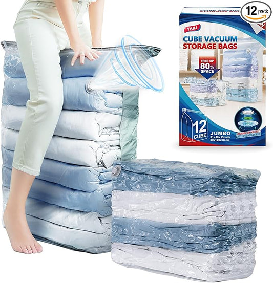 TAILI 12 Pack Cube Vacuum Storage Bags, Jumbo Size(31x40x15 inch), Cream | Extra Large Vacuum Seal Bags for Clothing, Comforters, Blankets, Bedding, Space Saver No Pump Compression Cube