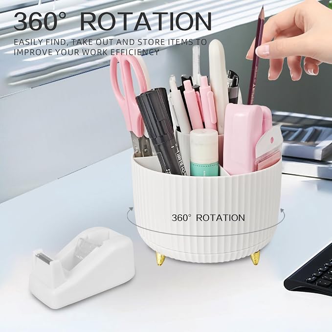 Ovatt White Desk Organizer Set - 15-Piece Office Supplies with 360° Rotating Pen Holder, Stapler, Tape Dispenser & Clips for Home Office