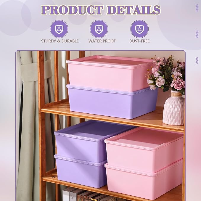 6 Pcs Large Plastic Storage Bins with Lids 14.4 x 10.4 x 5.1 Inch Stackable Storage Containers Decorative Cubby Organizer for Clothes Shelves Garage Closet Office (Pink, Purple)