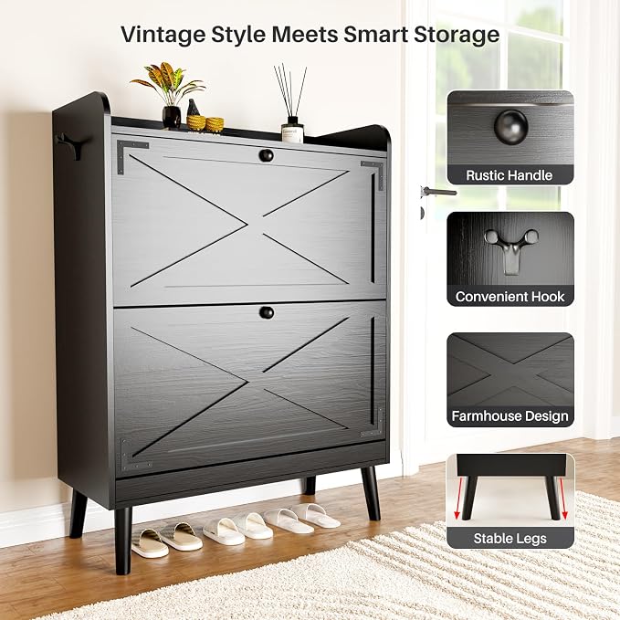 YZ HOME Shoe Storage Cabinet with 2 Flip Drawers | Entryway Shoe Cabinet, Metal Hooks & Adjustable Shelves, Freestanding Narrow Shoe Rack for Hallway Foyer, Black
