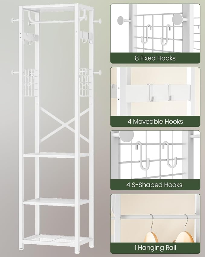 CHOEZON Coat Rack with Shelves, Freestanding Hall Tree, Coat Tree with 16 Hooks and Hanging Rail, Industrial Clothes Stand for Entryway, Hallway, Bedroom, White TYM18WB