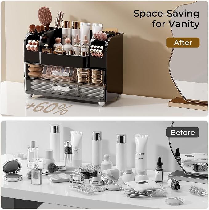 UFORU Makeup Organizer Countertop with 2 Large Drawers for Vanity Bathroom | Brush Holder, Large Capacity, Thickened Plastic, Compact Footprint, Space-Saving Design, Easy Clean, Ideal for Dorm Rooms