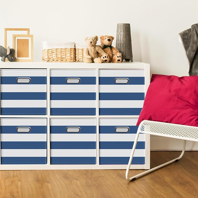 CroBlissful 11 Inch 6 Pack Fabric Storage Cubes with Metal Handles, Back to School Collapsible Organizer Bins for Classroom, Closet, Student Room, Toys and School Supplies (Blue and White)