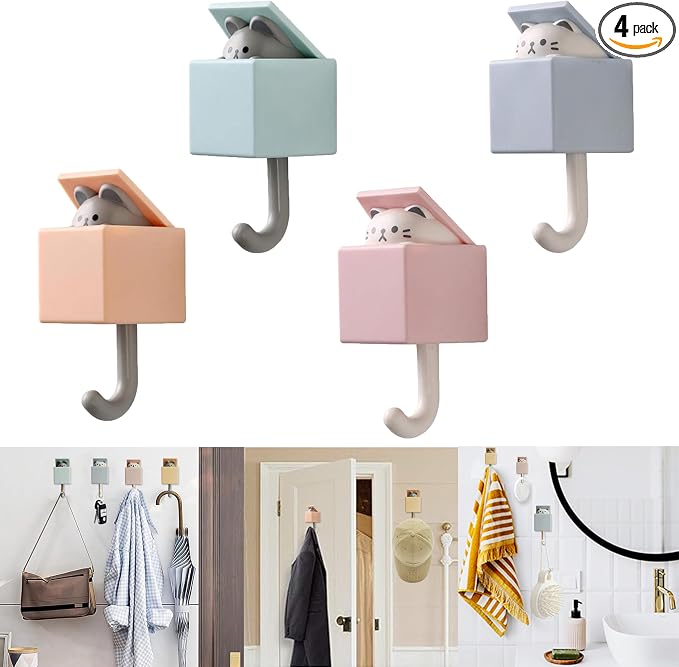 4Pcs Cute Self Adhesive Wall Hooks for Coat,Towel,Key,Scarf, Hat | Heavy Duty Wall Hooks for Hanging,Waterproof,Kawaii Room Decorative Cat Hook for Bathroom,Bedroom,Tiles, Glass Door or Mirror