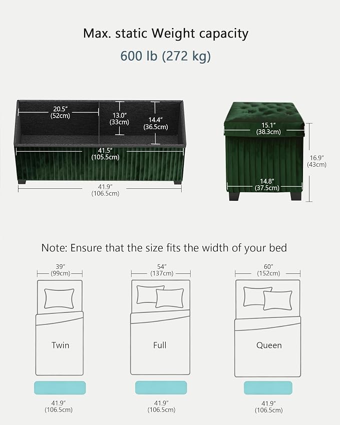 LITZFUR 43 Inches Storage Ottoman Bench, Velvet Foot Rest Stool, Green | Folding Ottoman with Legs, End of Bed Bench, Storage Chest for Living Room, Bedroom