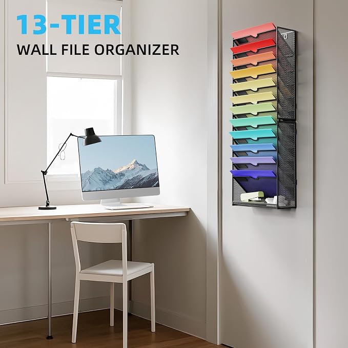 Marbrasse Wall File Holder 13-Tier Hanging Wall File Organizer, for Papers, Files Clipboard & Magazine Organizer, Wall Mount File Holder Great for Office Home (Black)
