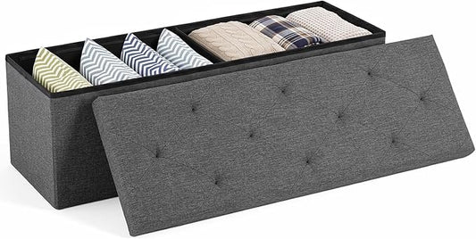 Sweetcrispy 43 Inch Folding Storage Ottoman Bench, Ottoman with Storage | Large Hidden Storage Chest with Padded Seat, Foot Rest Stool, End of Bed Bench for Bedroom, Living Room, Linen Fabric, Gray