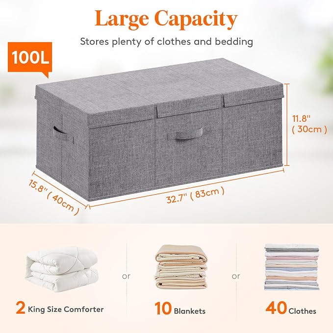 Lifewit 100L Under Bed Storage Containers, 11.8 Inch Tall Underbed Clothes Storage Organizer Bin with Sturdy Sidewalls, Bottom, 3 Lids, Deep Storage Drawer for Clothes, Shoes, Blankets, Pillows 2 Pack